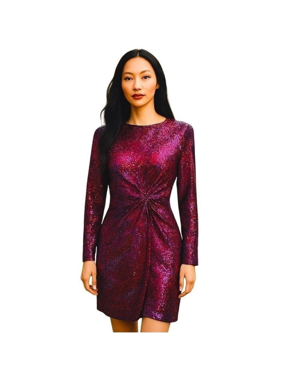 Josef midi dress long sleeve ruched waistline pink purple abstract size S